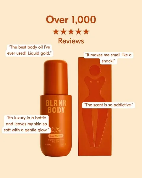 Blank Body body-oil creative with several review quotations around the product