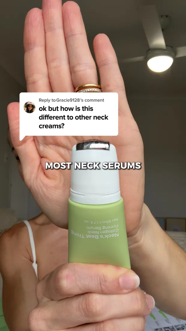 Hey Bud serum frame with a comment asking how it differs from other neck creams