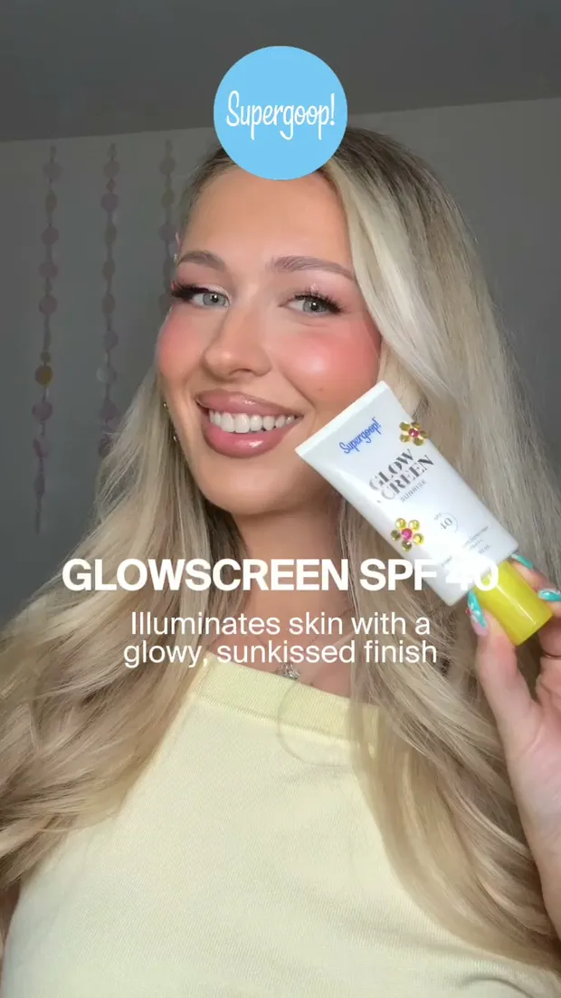 Supergoop Glowscreen still with a person holding the product and a luminous-finish message
