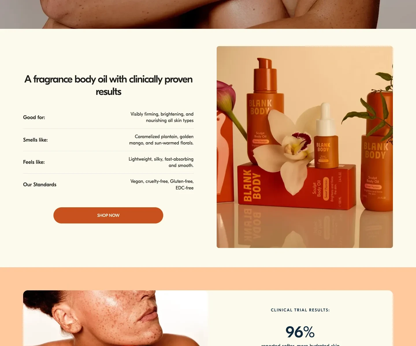 Blank Body homepage below the campaign, showing product discovery and supporting content