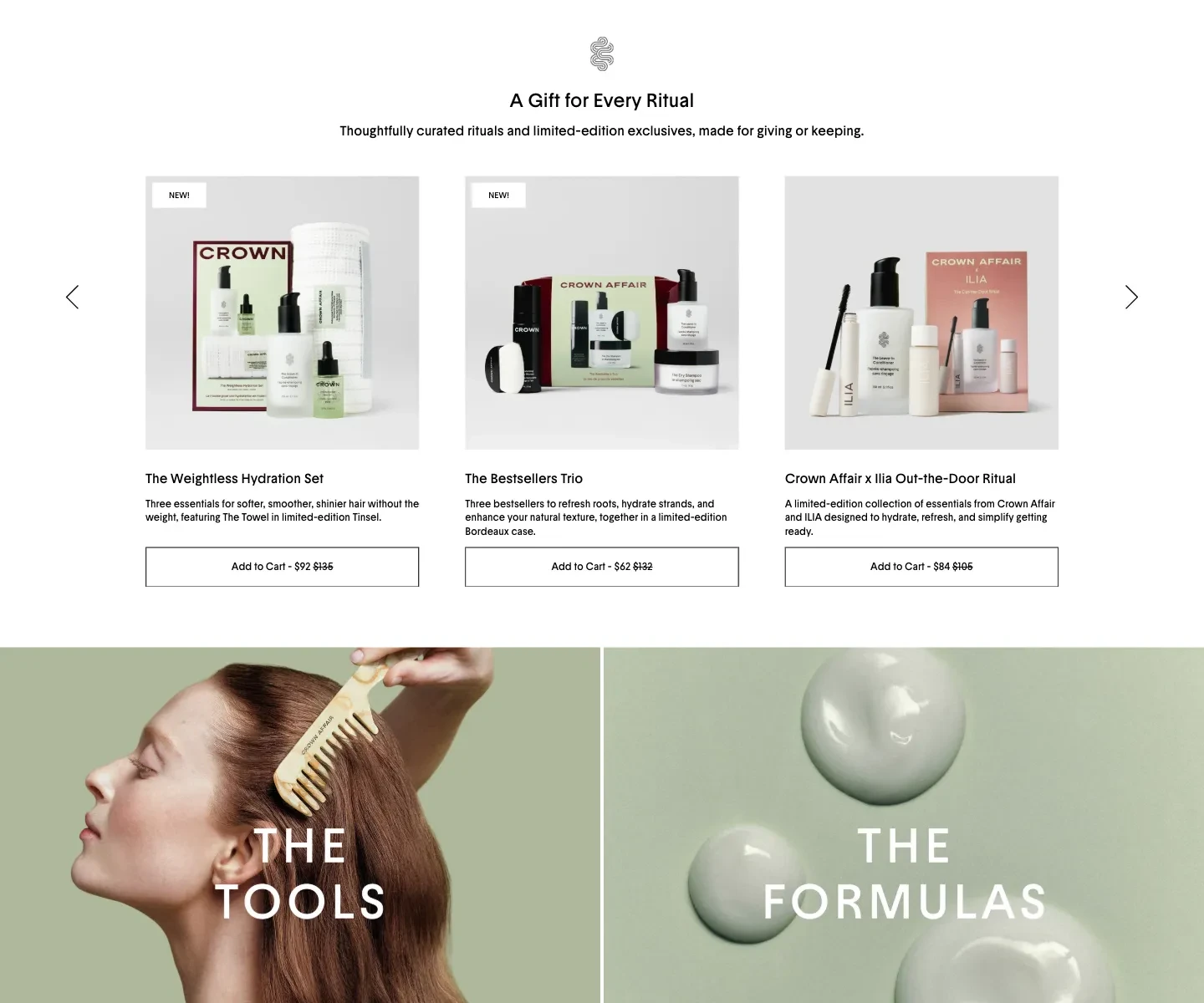 Crown Affair homepage below the campaign, showing product discovery and supporting content