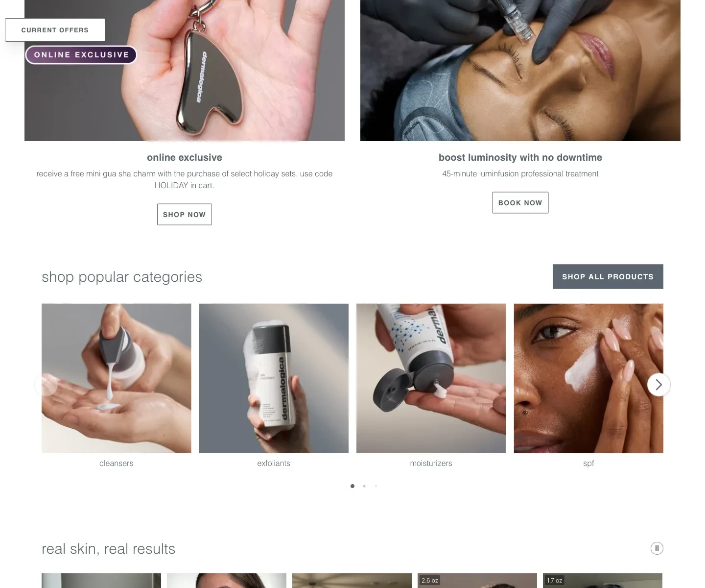 Dermalogica homepage below the campaign, showing product discovery and supporting content