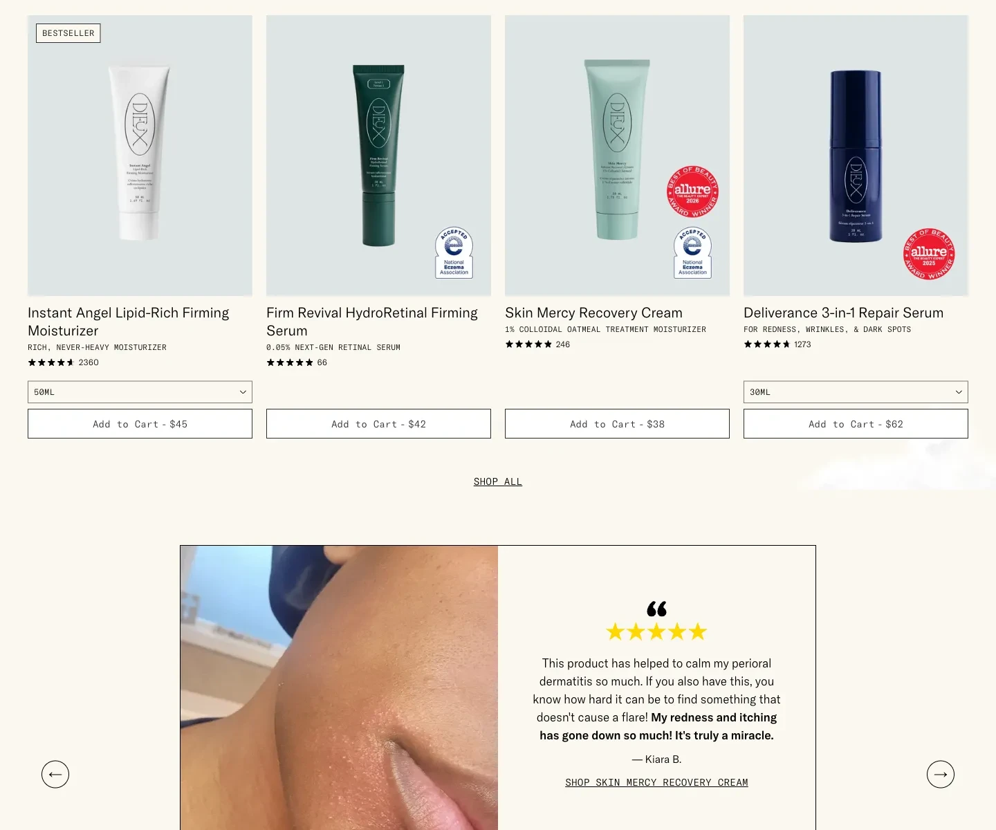 Dieux homepage below the campaign, showing product discovery and supporting content