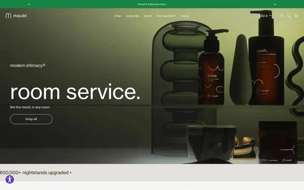 maude homepage with a green photograph of products and a lower-case headline