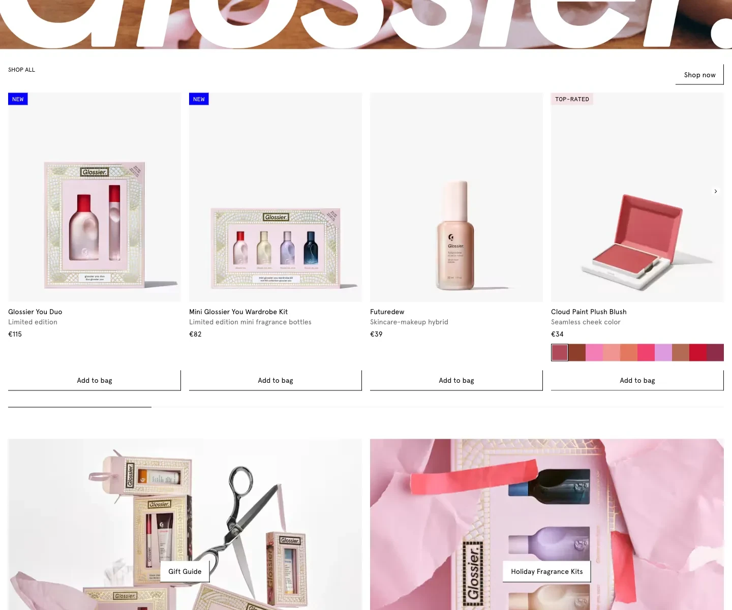 Glossier homepage below the campaign, showing product discovery and supporting content