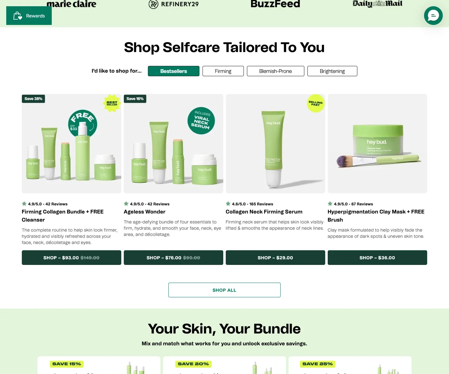 Hey Bud homepage below the campaign, showing product discovery and supporting content