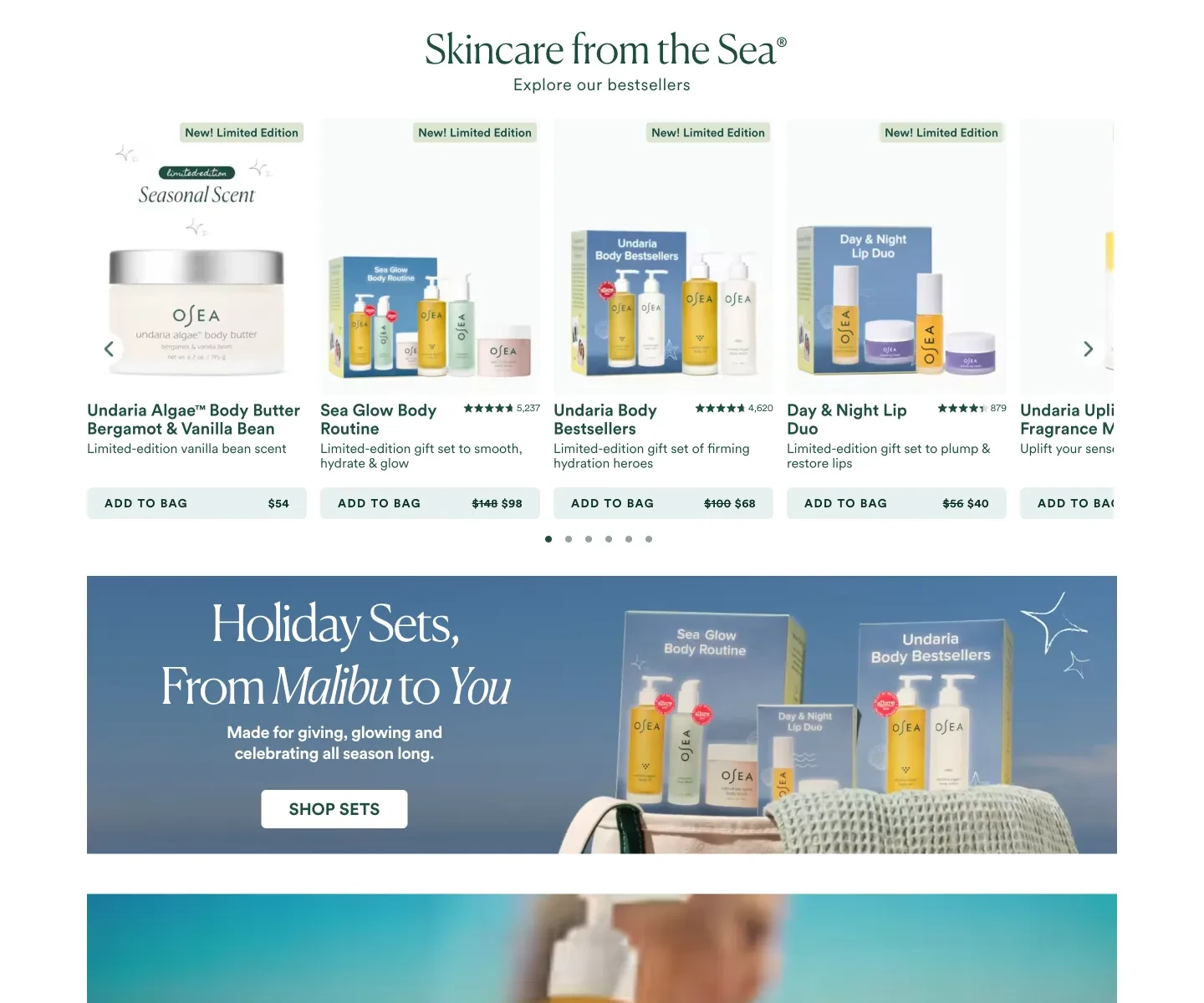OSEA homepage below the campaign, showing product discovery and supporting content