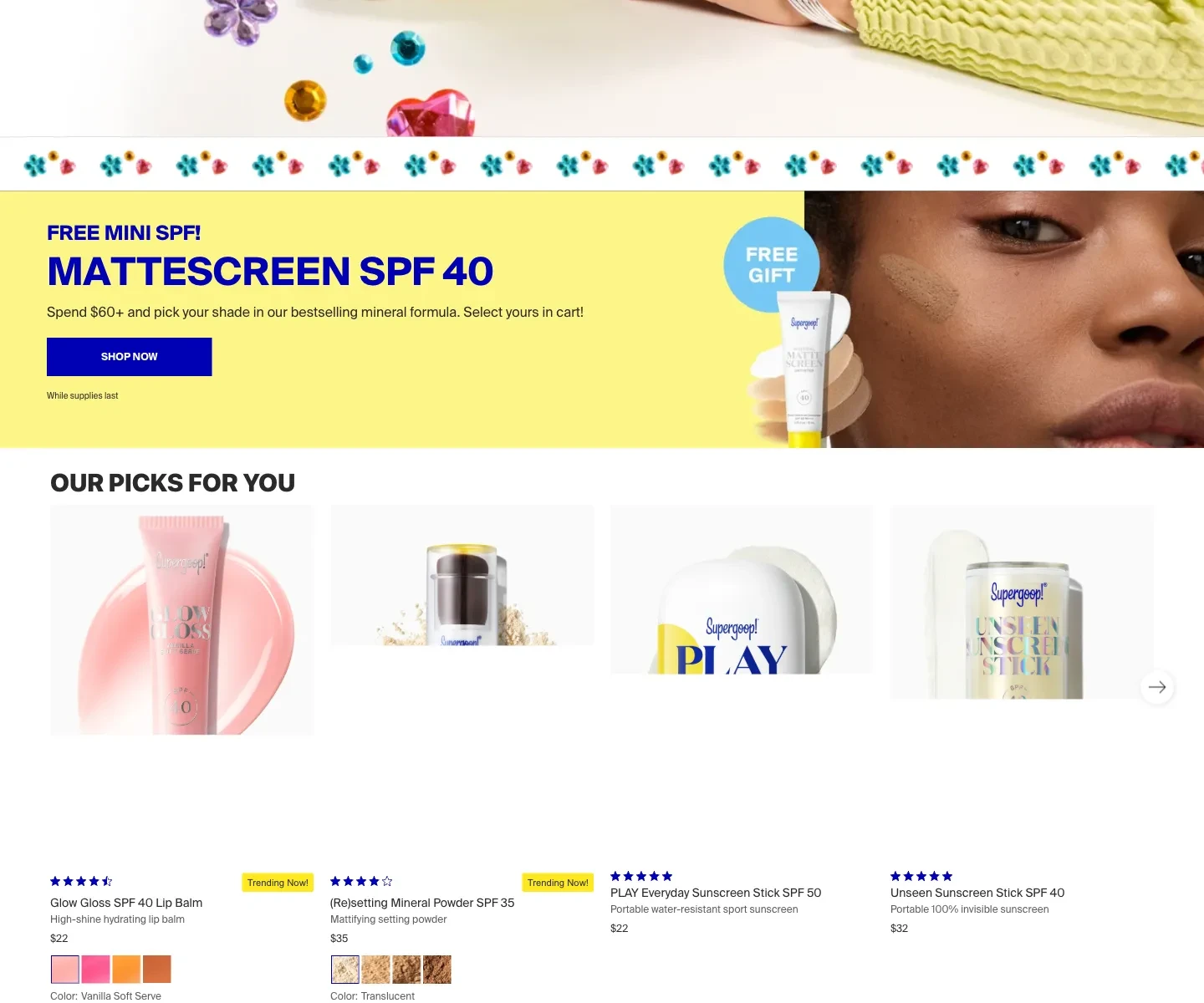 Supergoop homepage below the campaign, showing product discovery and supporting content