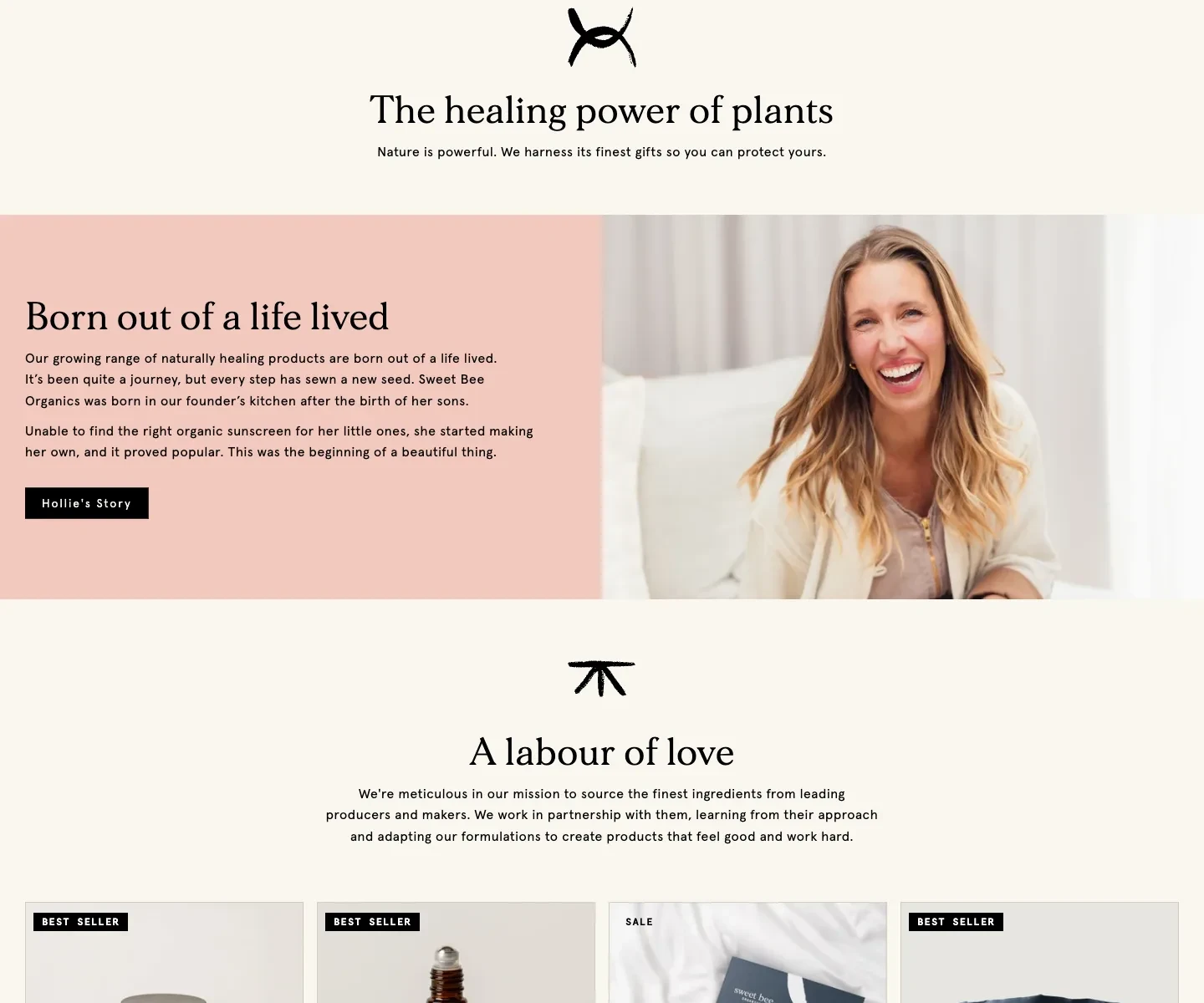 Sweet Bee Organics homepage below the campaign, showing product discovery and supporting content