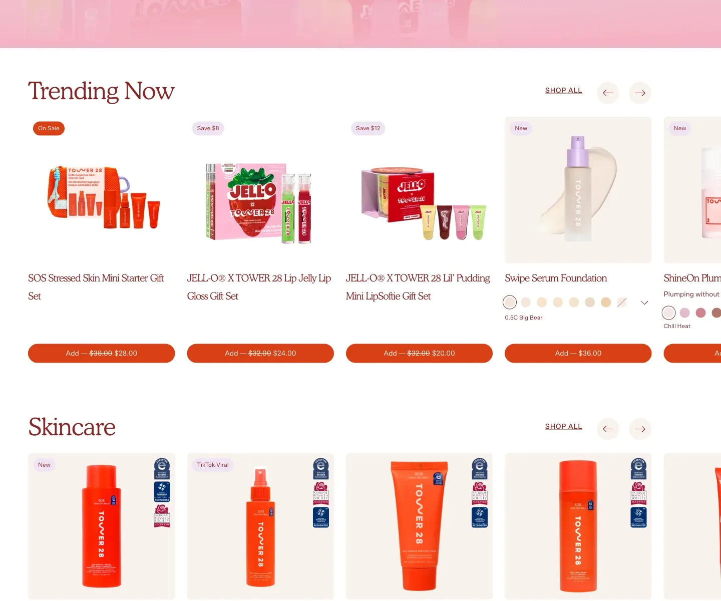 Tower 28 homepage below the campaign, showing product discovery and supporting content