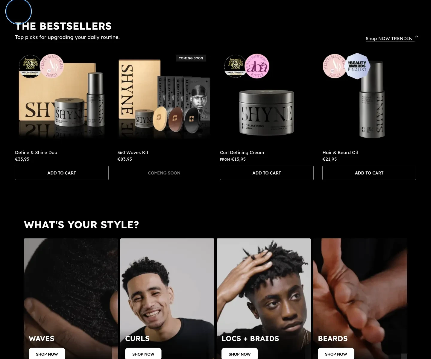 SHYNE homepage below the campaign, showing product discovery and supporting content