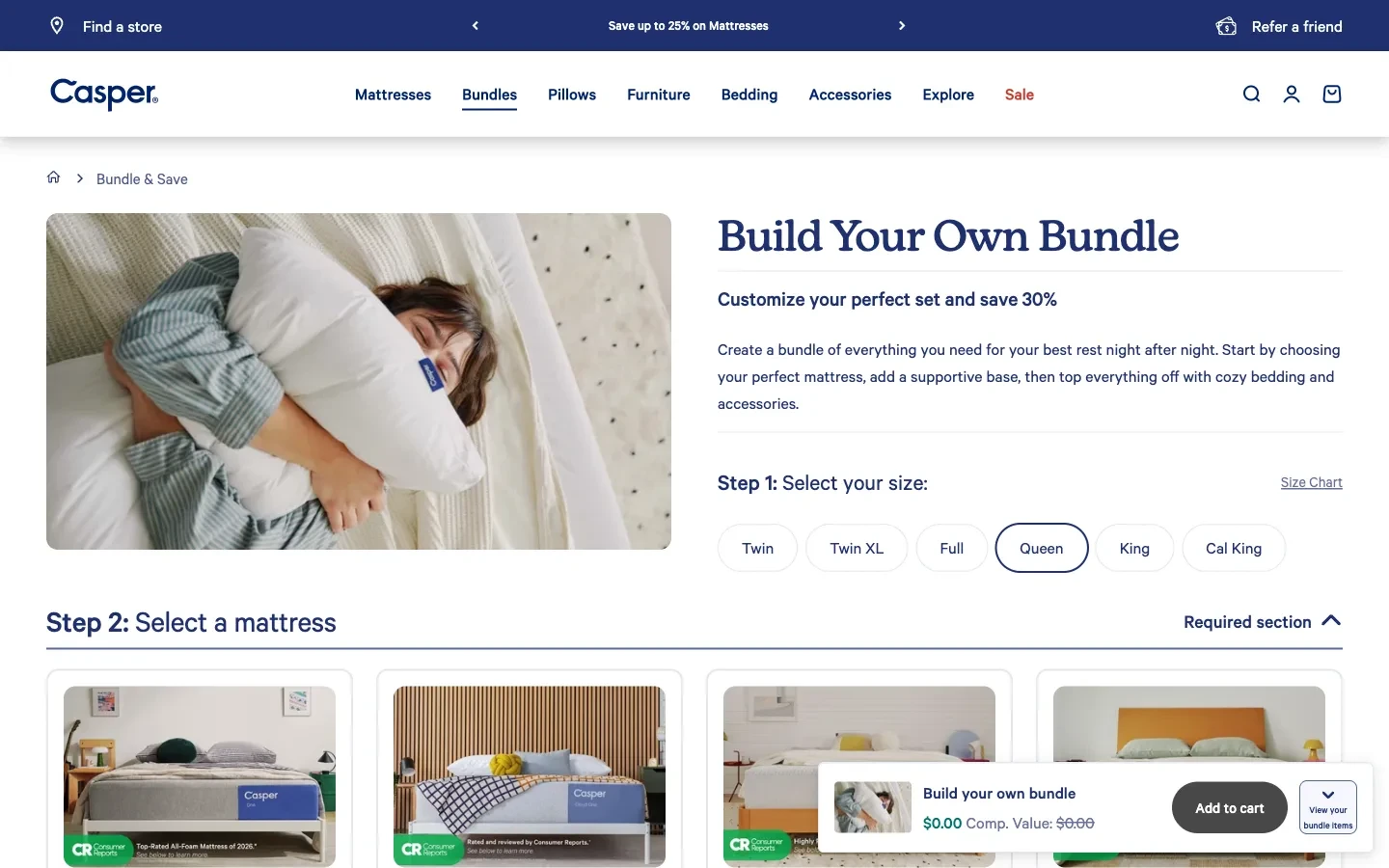 Casper bundle builder beginning with size and mattress selection