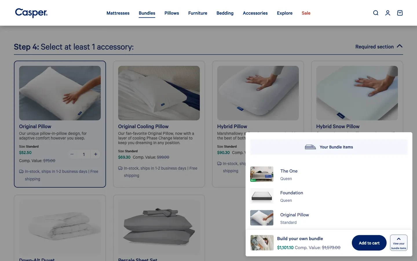 Casper bundle summary listing the mattress, foundation and pillow