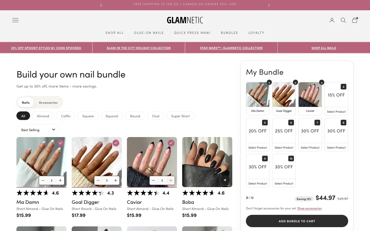 Glamnetic three-set nail bundle showing a ten-percent saving