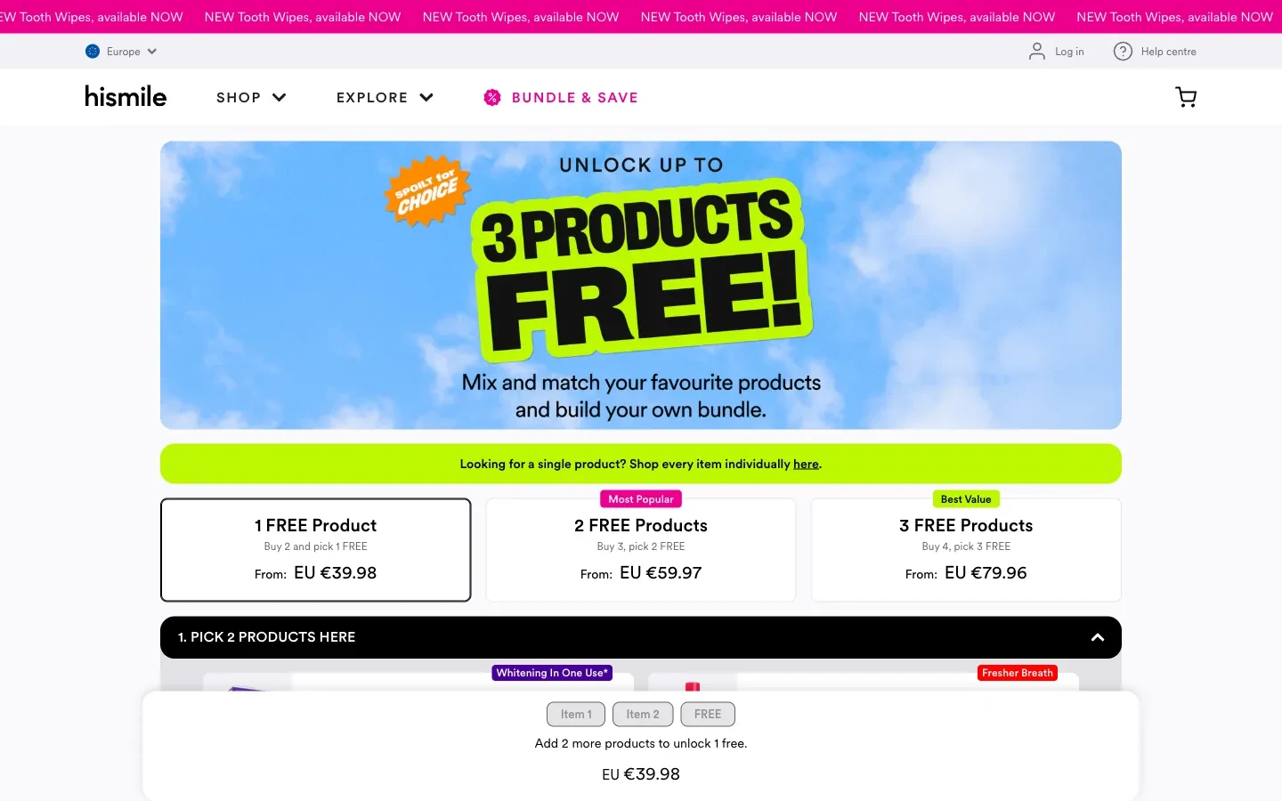 Hismile bundle tiers showing how many products to buy and receive free