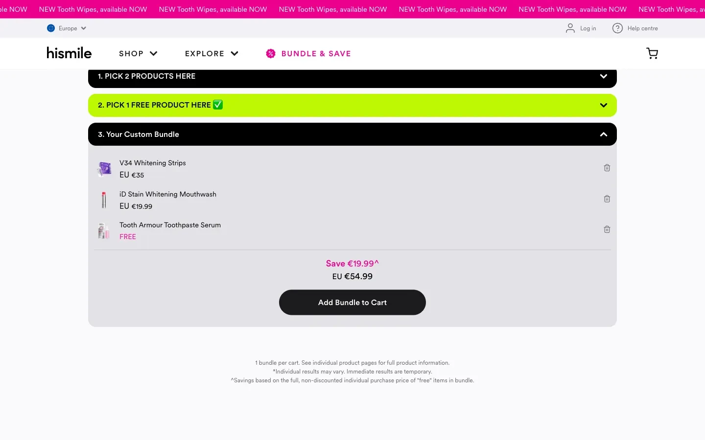 Hismile summary separating two priced products from a free product