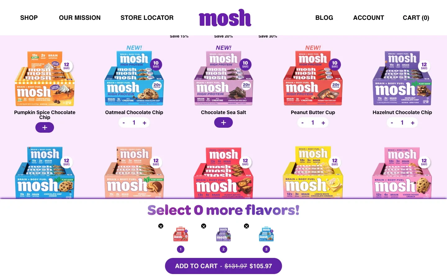 MOSH three-box selection with chosen flavours and total price