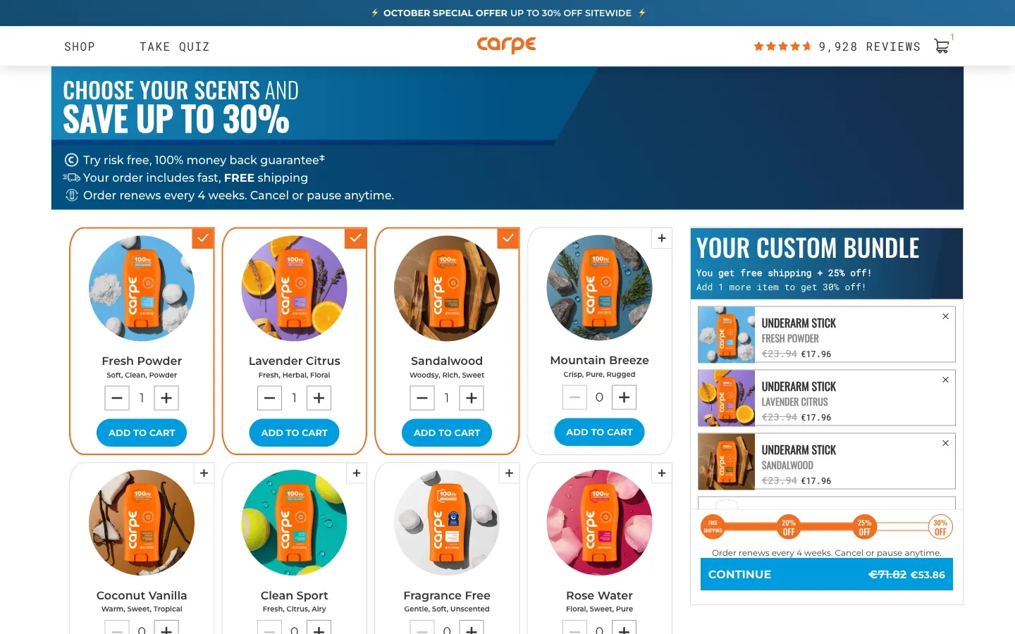 Carpe three-scent selection with savings progress and renewal terms