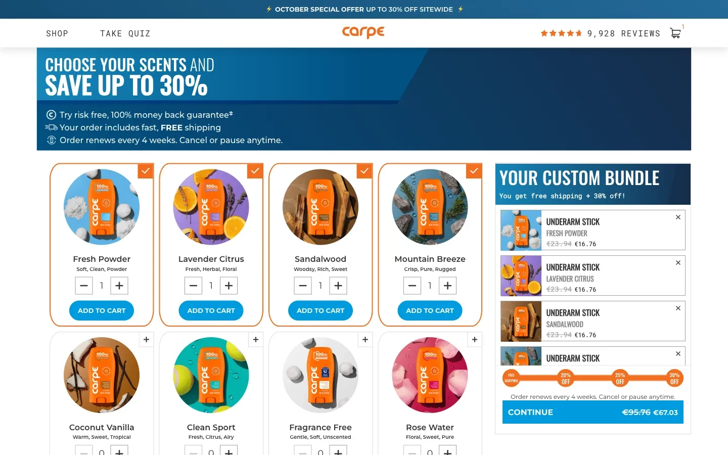 Carpe four-scent selection showing the next savings tier
