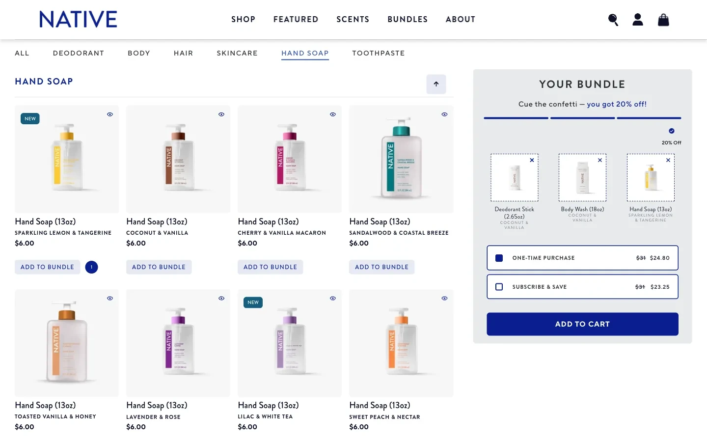 Native completed three-item selection with product names and purchase options