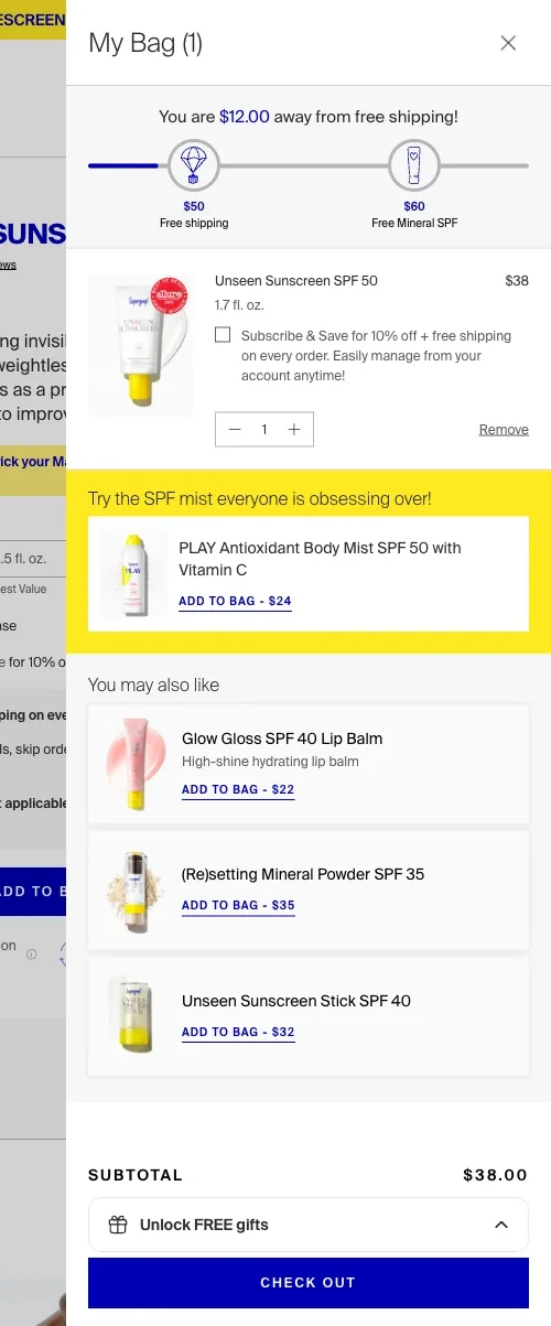 Supergoop populated desktop cart drawer with item details and checkout summary