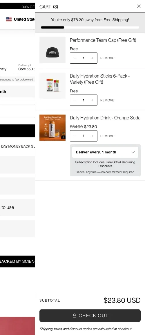 Cadence populated desktop cart drawer with item details and checkout summary