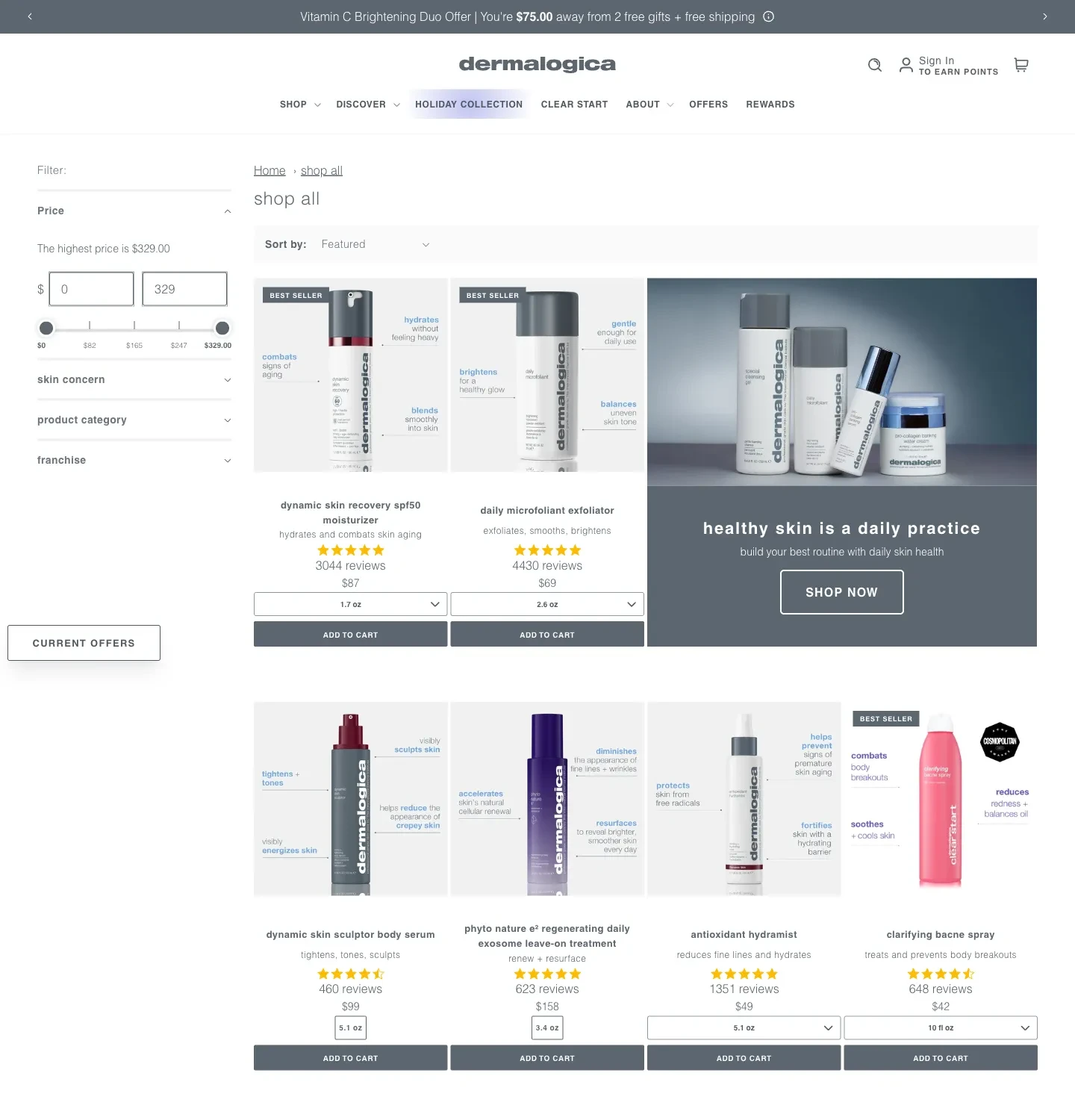 Dermalogica product grid with benefit descriptions, size selectors and review counts