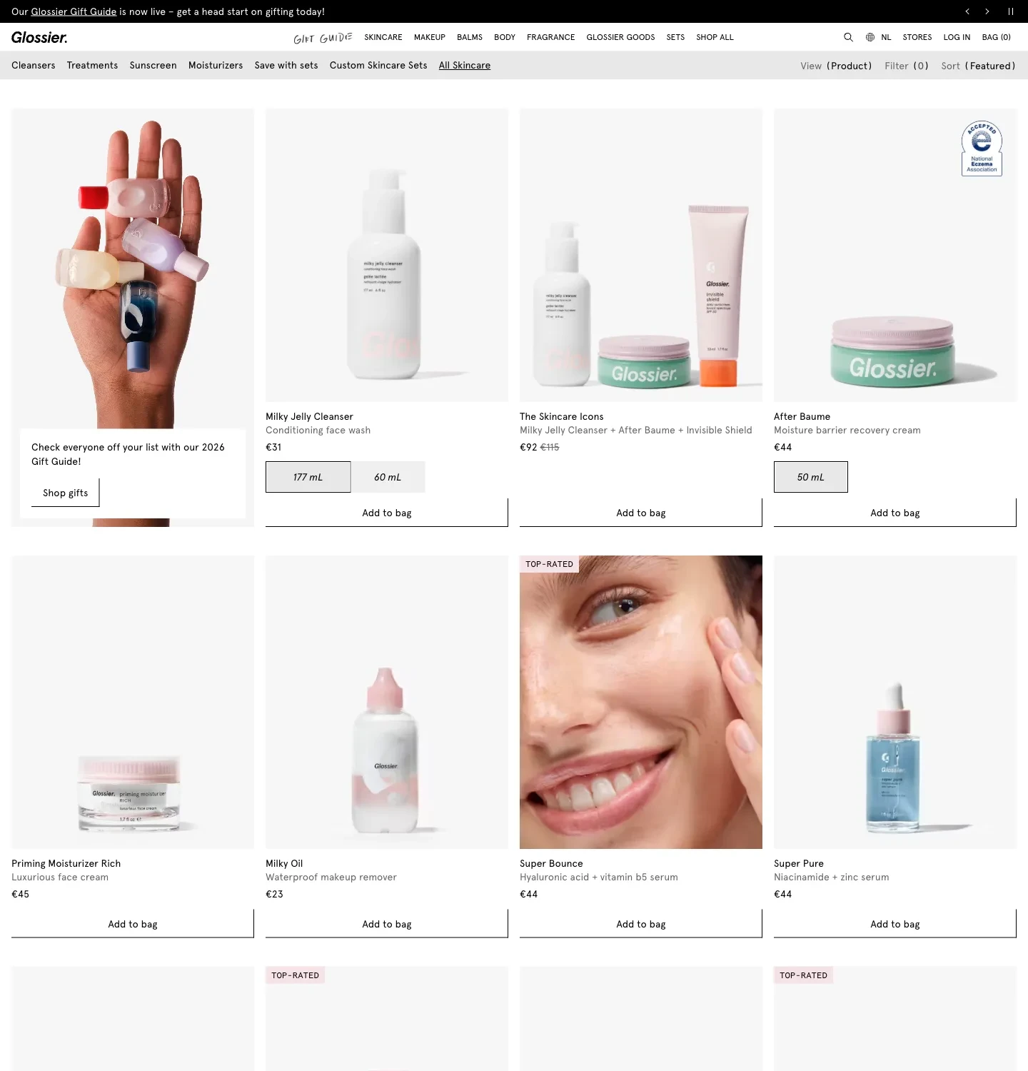 Glossier skincare grid showing cleanser sizes and the three-product Skincare Icons set