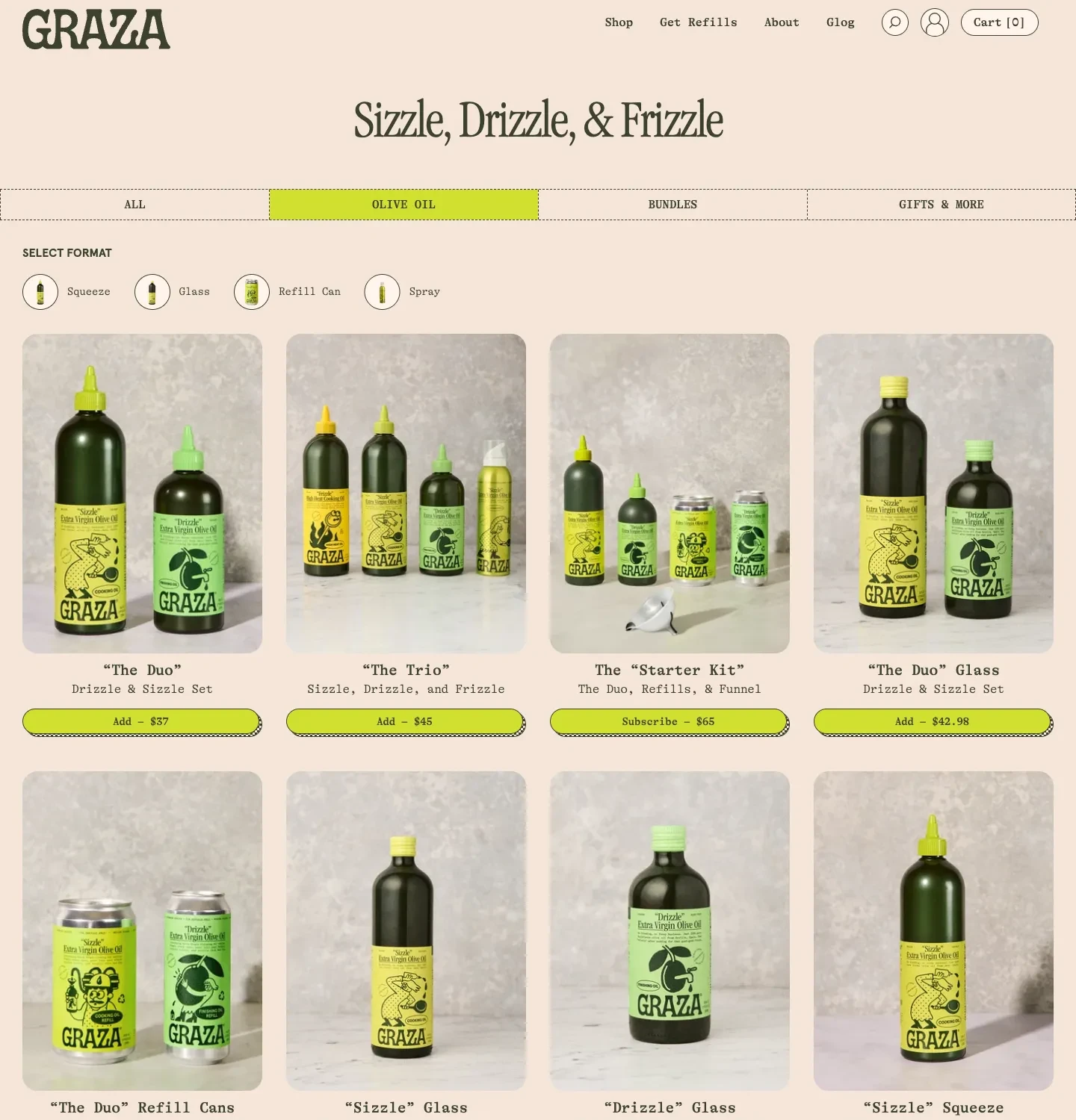 Graza olive oil collection with format shortcuts and bottle, refill and starter-kit cards