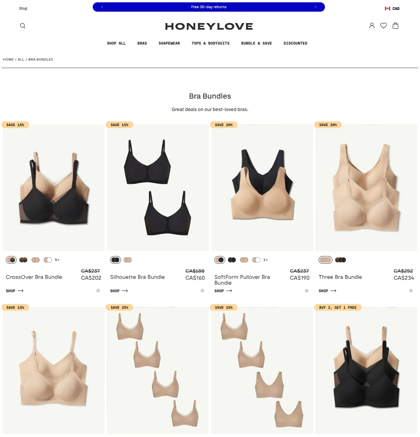 Honeylove bra-bundle collection showing paired products, colour options and savings