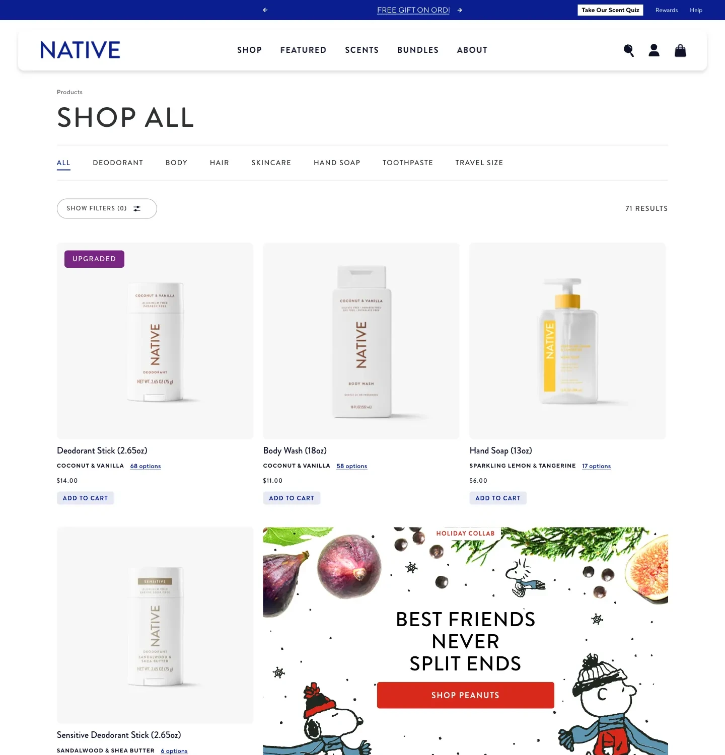 Native shop-all grid with product categories, scent names and option counts