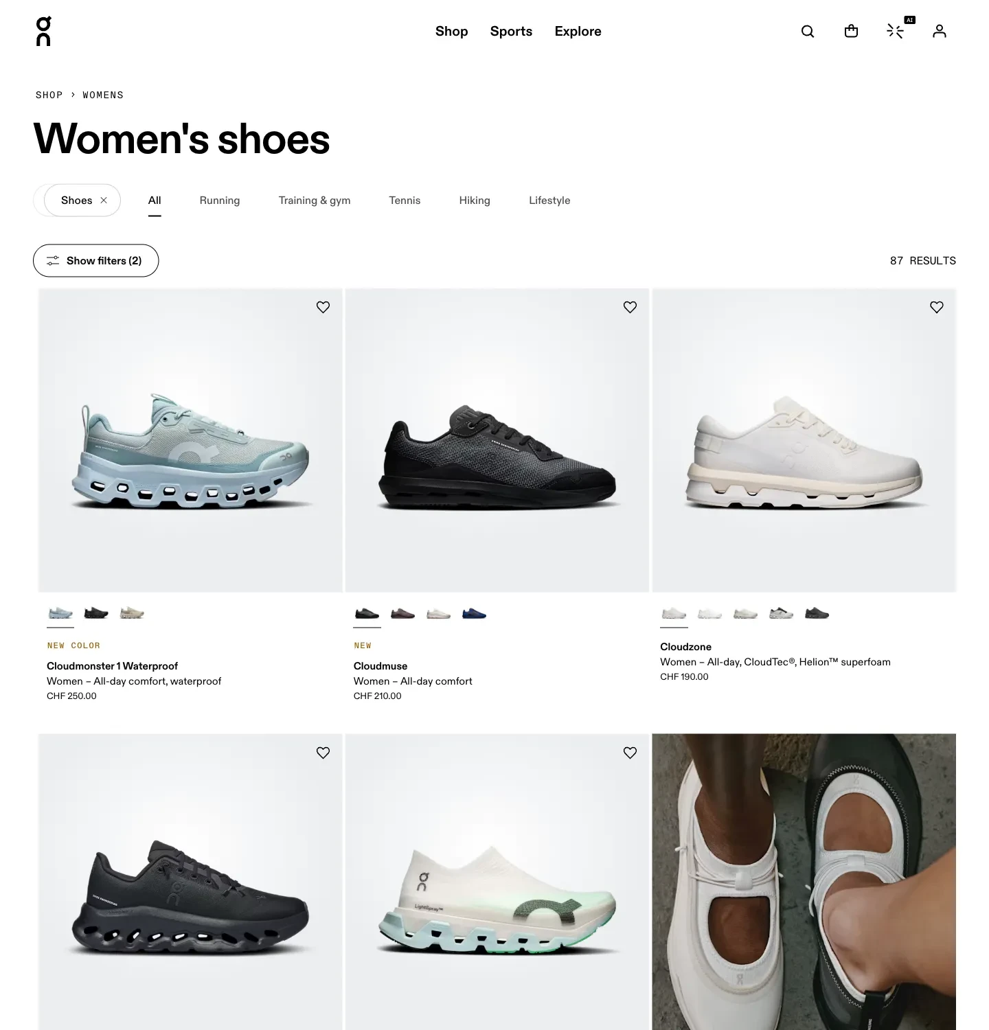 On women’s shoes collection with activity tabs, colour thumbnails and use descriptions