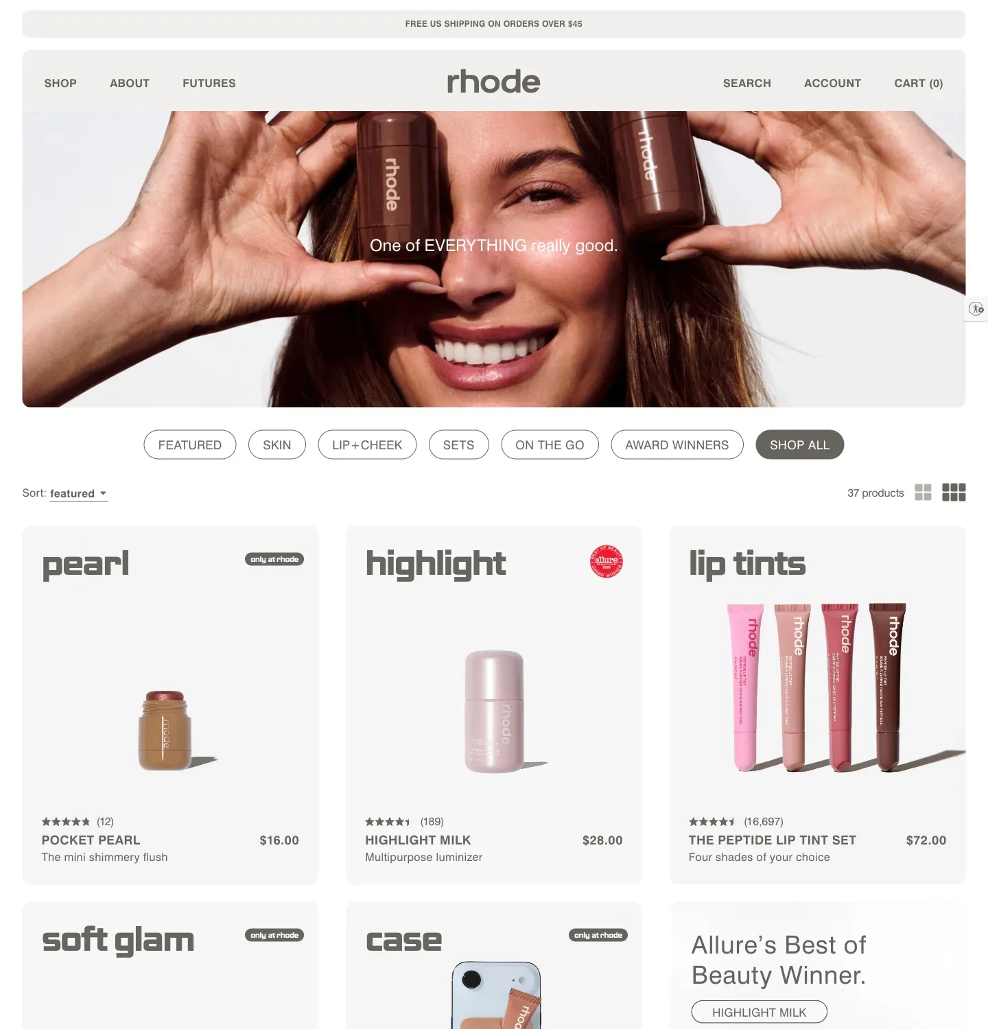 Rhode shop-all page with Skin, Lip and Cheek, Sets, On the Go and Award Winners shortcuts
