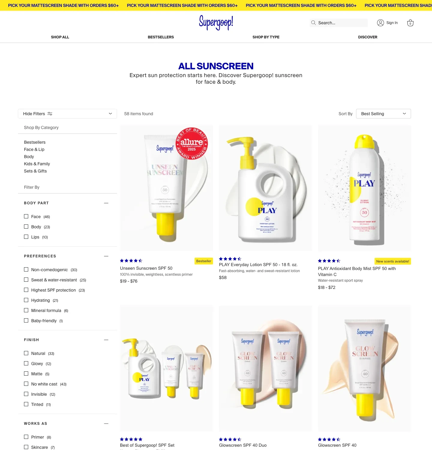 Supergoop sunscreen collection with body-part, preference and finish filters