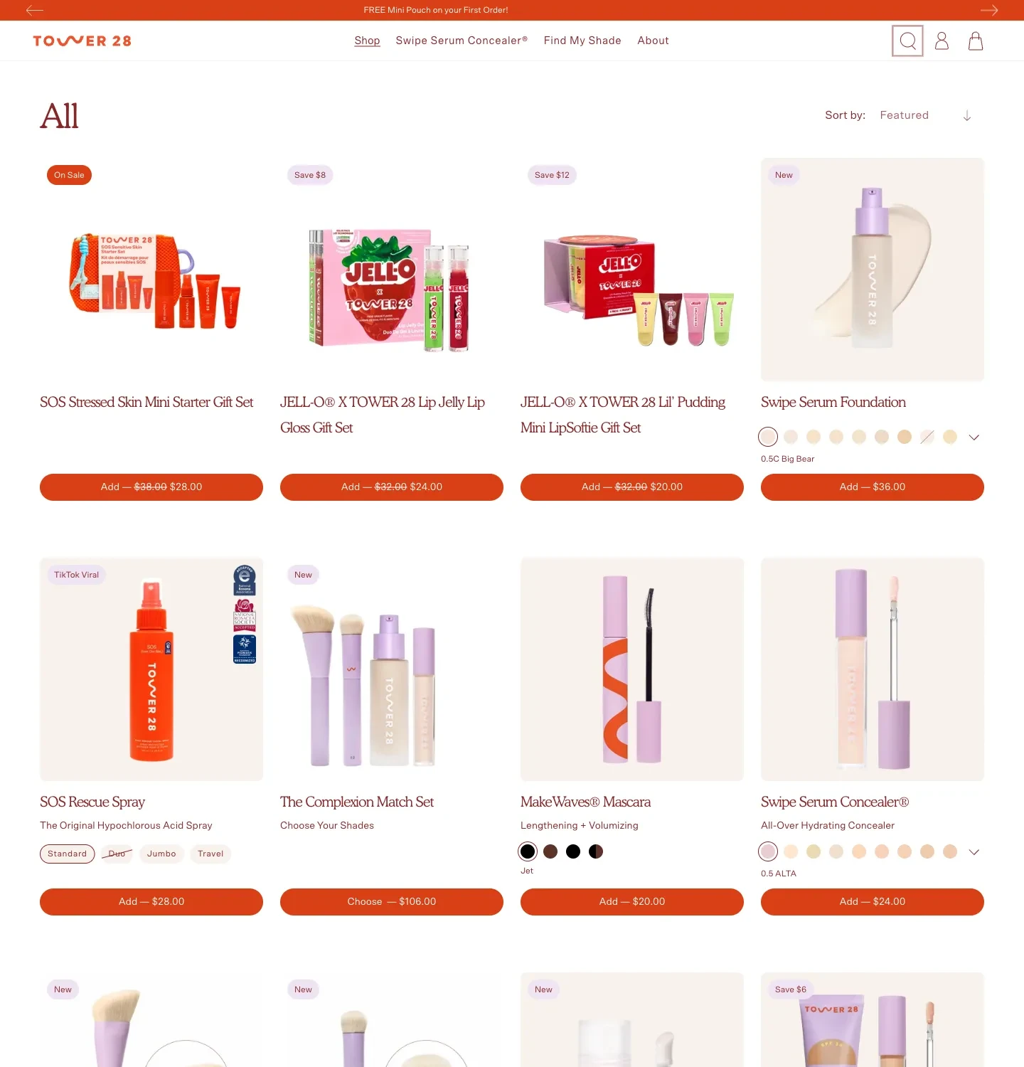 Tower 28 product cards with shade swatches, size choices and Add or Choose actions