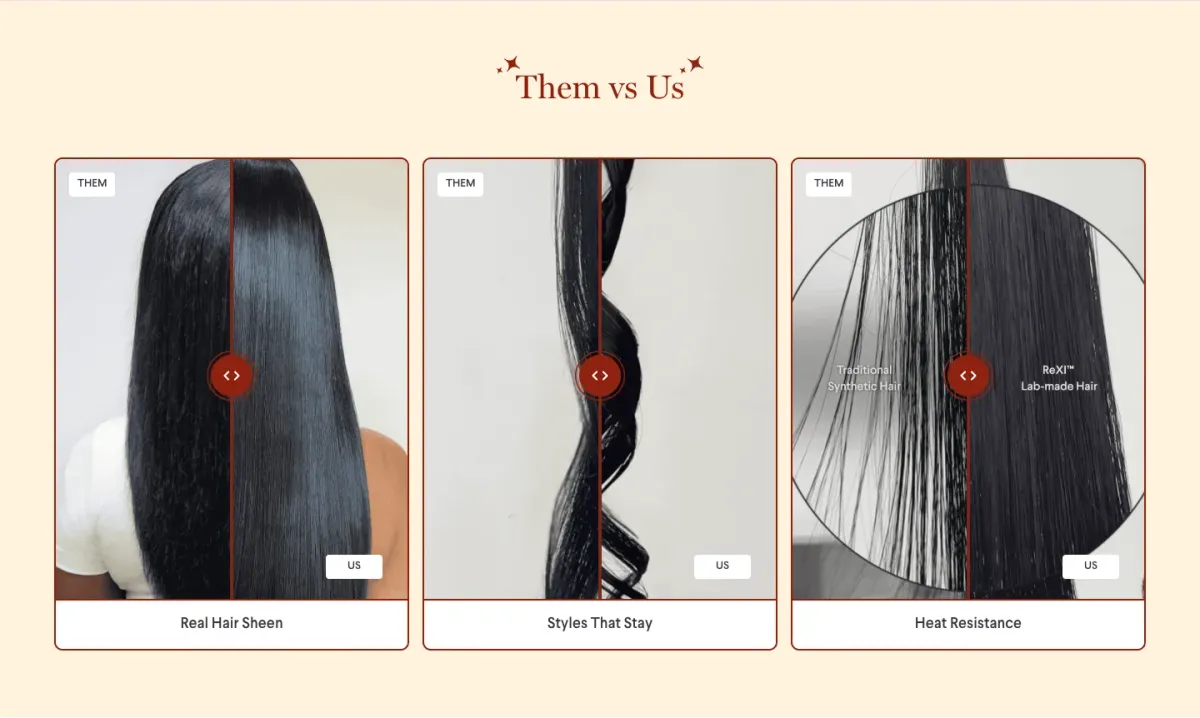 Regirl comparison panels showing hair sheen, styling and heat-resistance claims with slider handles