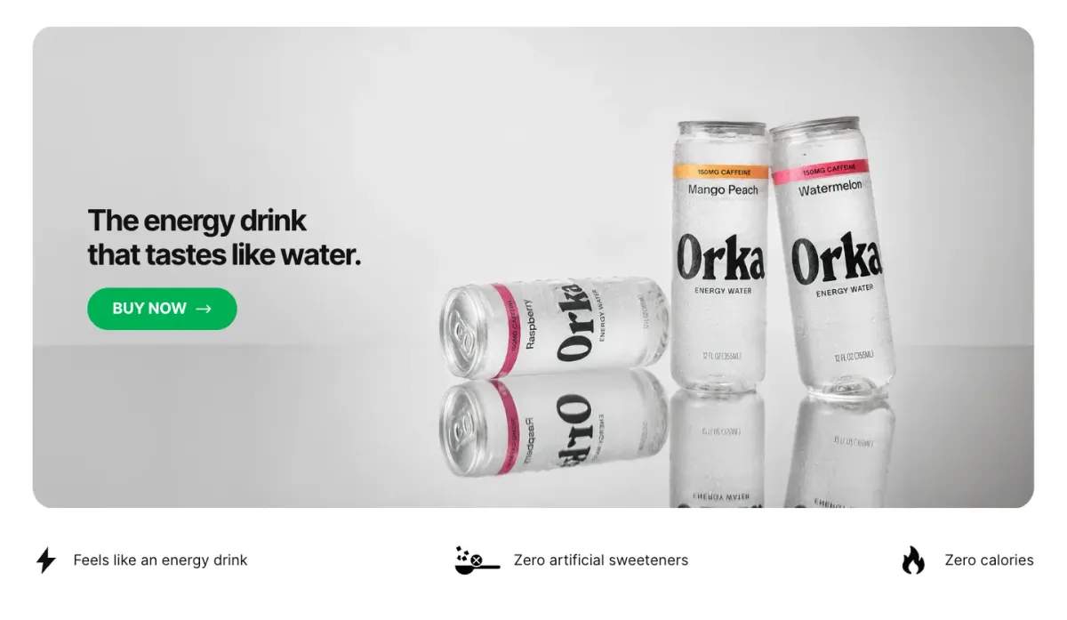 Orka hero with three cans, one headline, a Buy now button and three benefit chips