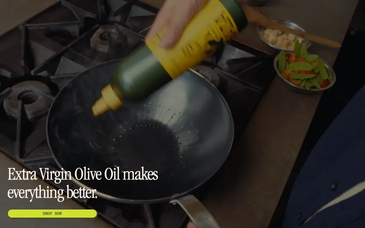 Graza hero with a photograph of oil being poured into a pan and a single headline