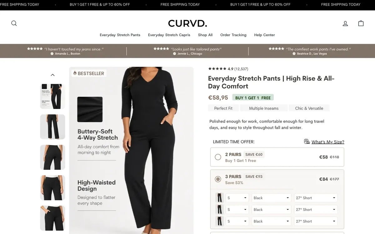 CURVD. product page with a two, three or four pair picker and size dropdowns