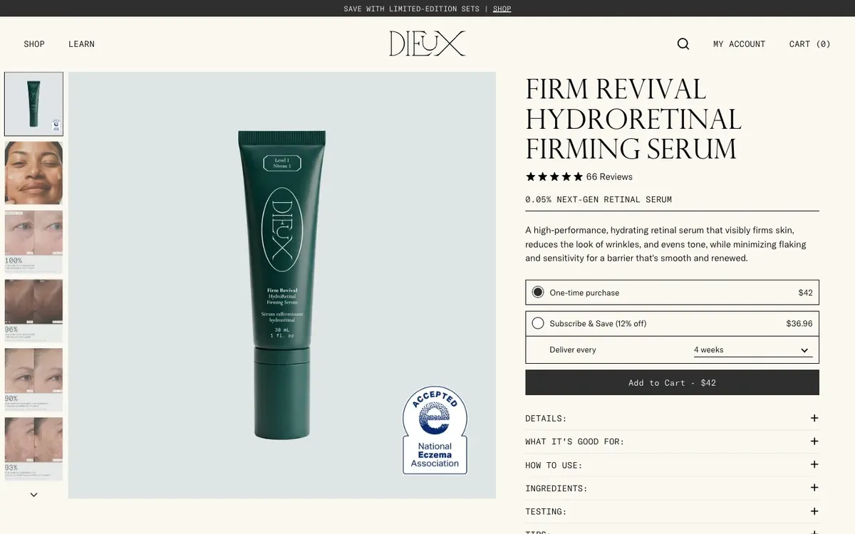 Dieux product page with a certification badge, results thumbnails and accordions
