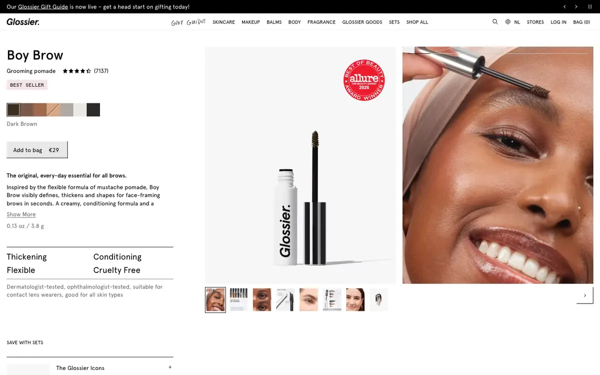 Glossier product page with shade swatches, an Allure badge and a Save with sets list