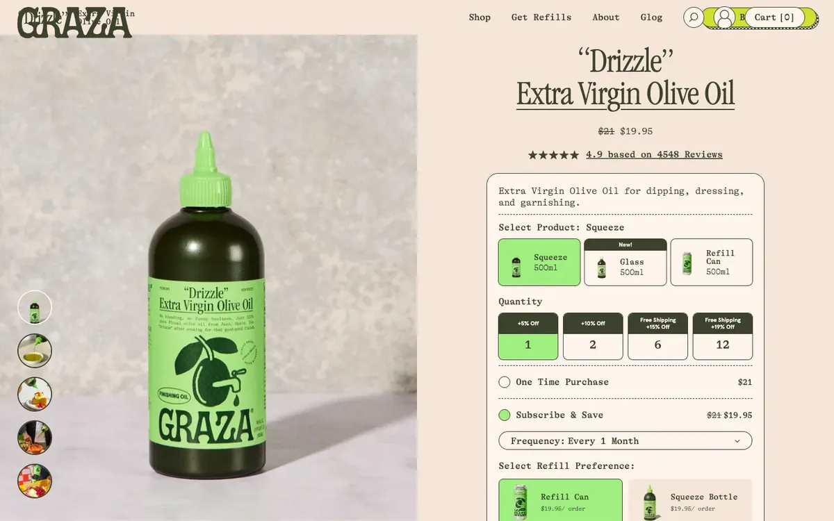 Graza product page with a configuration panel for product type, quantity and subscription