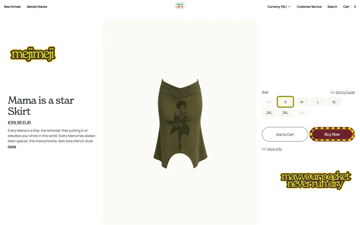 Meji Meji product page with a size selector and add to cart and buy now buttons