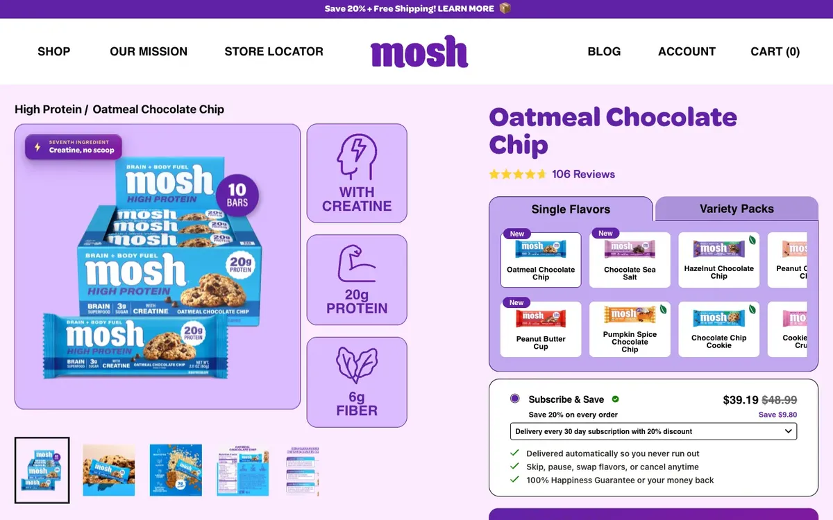 MOSH product page with flavour tiles, a subscription card and a creatine explainer