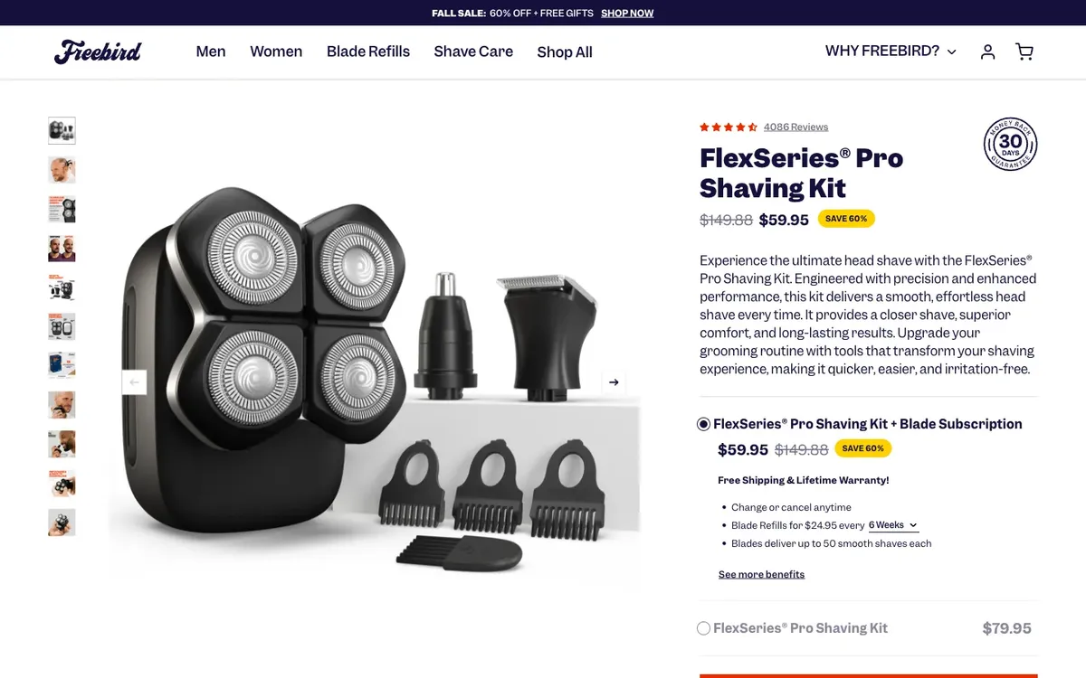 Freebird product page with a struck-through price, a subscription option and a red add to cart button