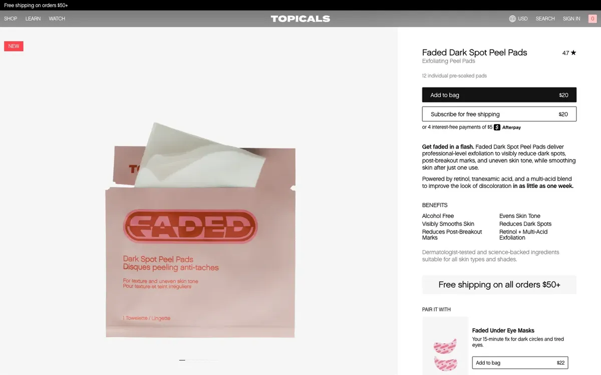 Topicals product page with add to bag and subscribe buttons and companion products
