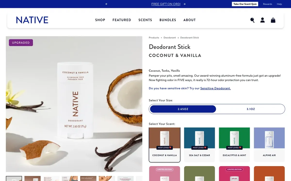 Native product page with a grid of colour-coded scent tiles