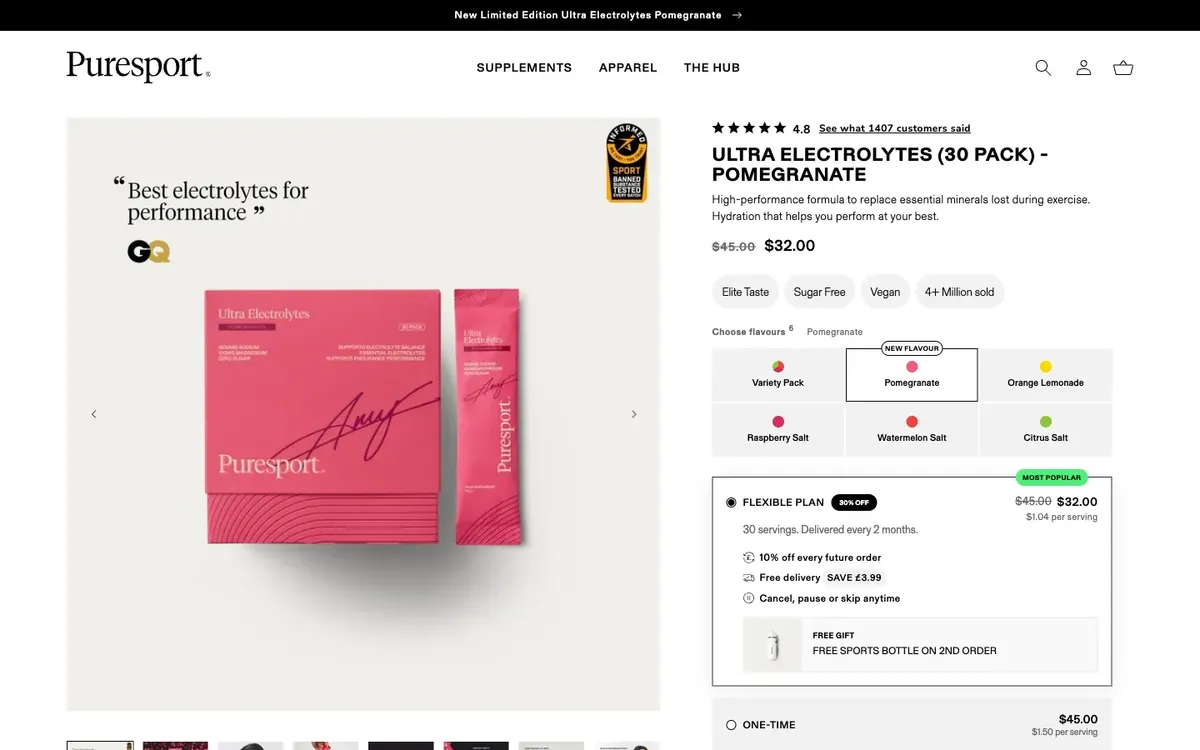 Puresport product page with flavour tiles and a flexible plan card