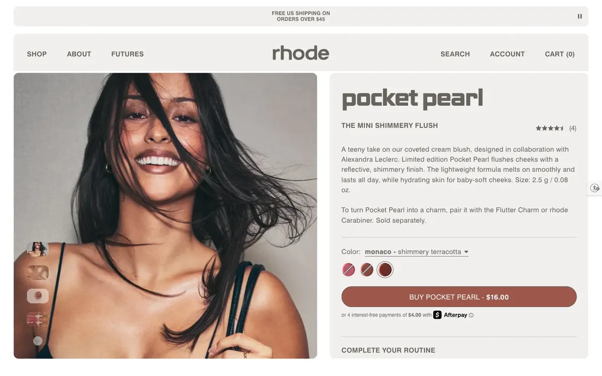 rhode product page with a model photograph, shade swatches and a buy button