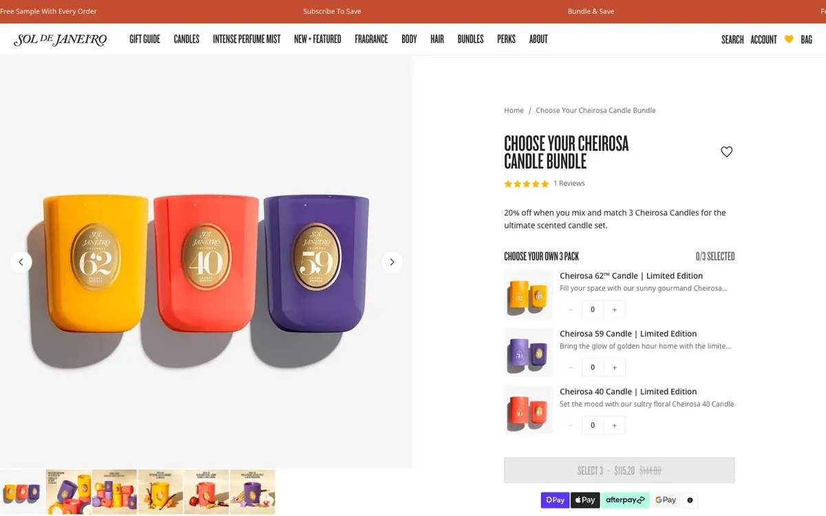Sol de Janeiro bundle page with a choose your own three candles picker
